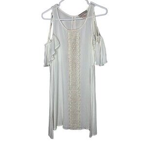 FLYING TOMATO Women's Small Ivory BOHO Dress Lace Cutout Mini Flutter Sl…